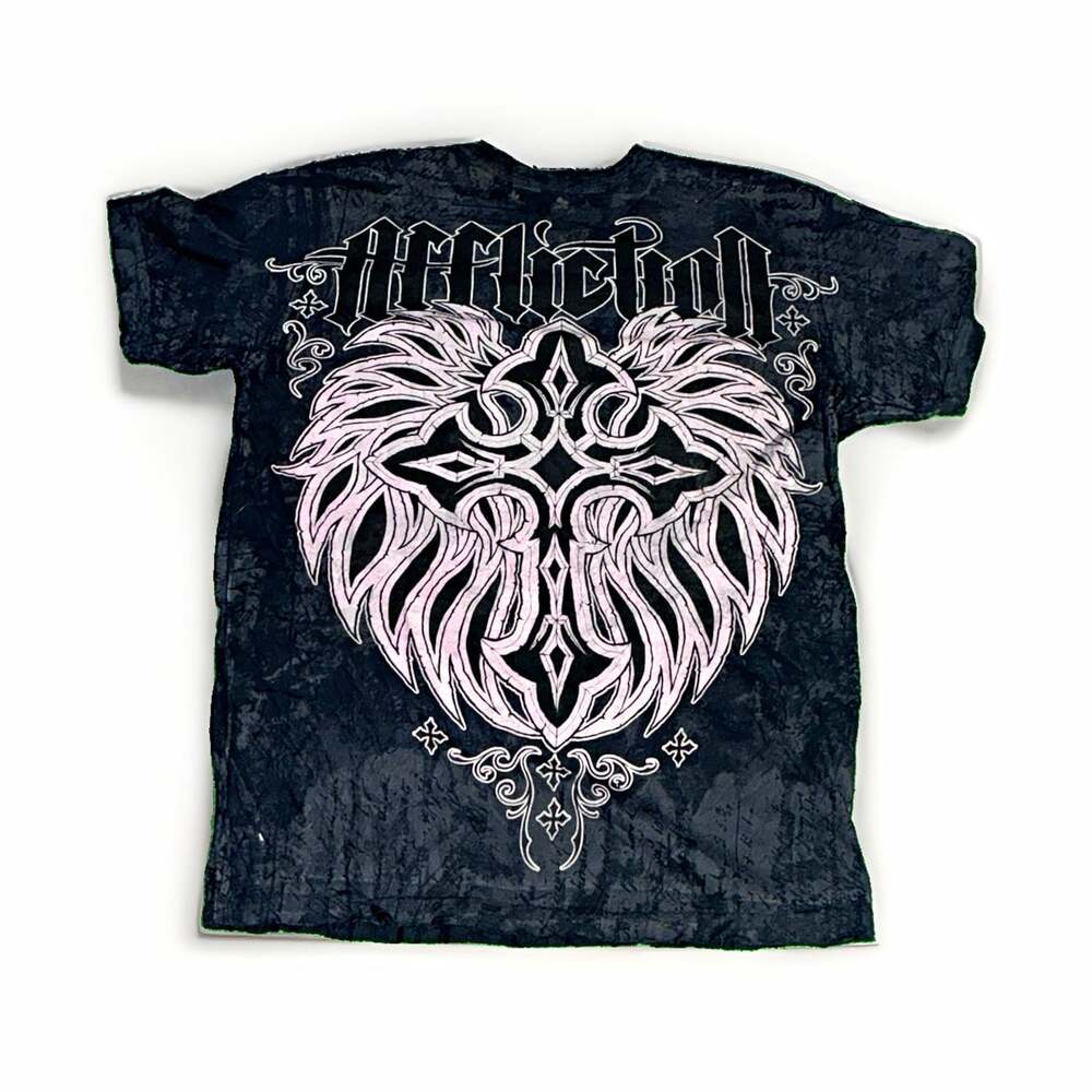 2000s Affliction Mens Black Double-Sided Graphic Cross Crewneck Tee Cotton Sz L